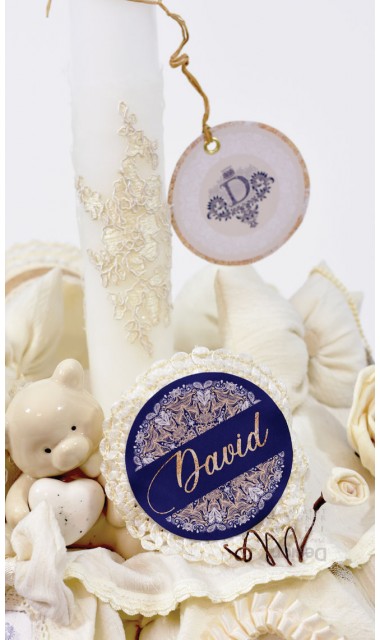 Lumanare de botez cu  ursuleti, dantela ivory, accente gold si bleumarin 8